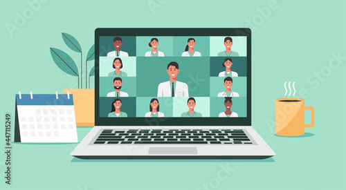 telemedicine, online medical consultation and support services concept, virtual healthcare with doctors connecting together on laptop, video conference, vector flat illustration