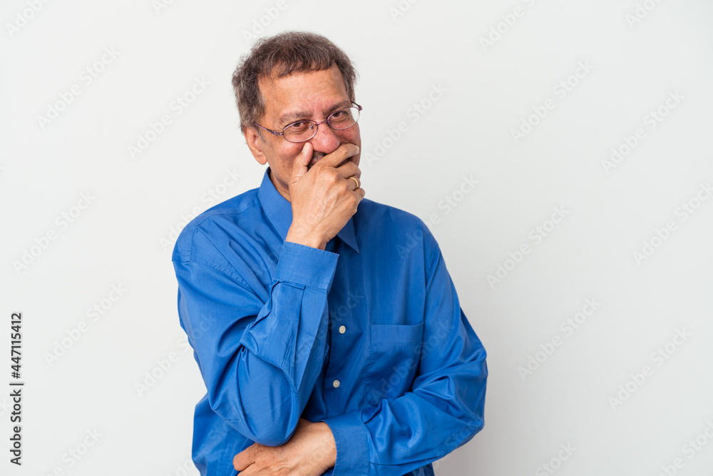 Middle aged indian man isolated on white background laughing happy, carefree, natural emotion. Middle aged indian man isolated on white background laughing happy, carefree, natural emotion.