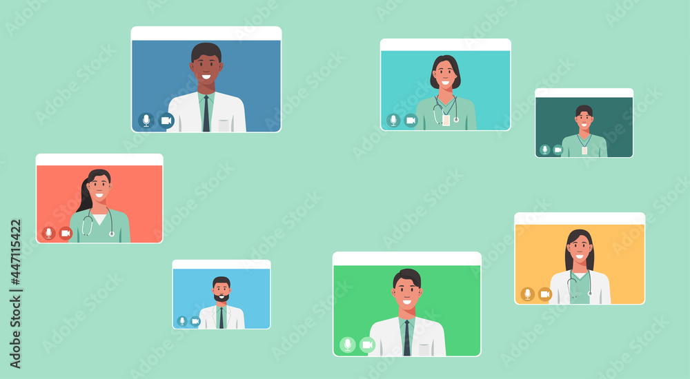 Online doctors, telemedicine and virtual healthcare from screen concept , vector flat illustration Online doctors, telemedicine and virtual healthcare from screen concept , vector flat illustration
