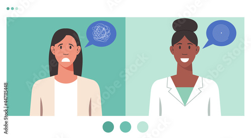 Online doctor and telemedicine concept woman using app connecting with a doctor and having medical consultation and support service, vector flat illustration