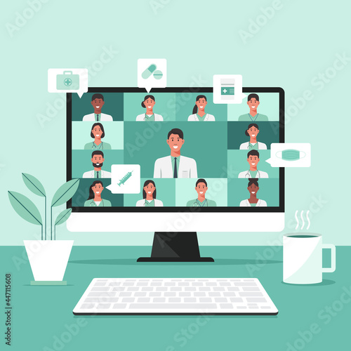 telemedicine, online medical consultation and support services concept, group of doctors connecting together on computer with icon, video conference, vector flat illustration