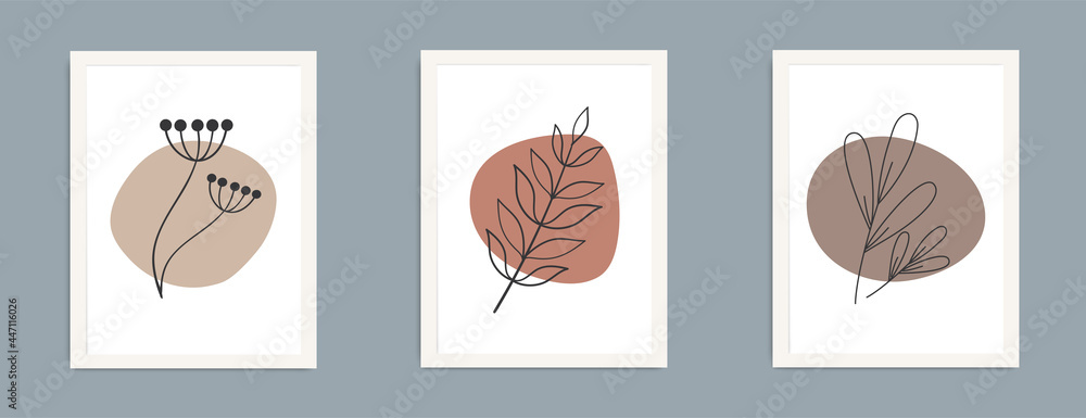A set of posters in trendy boho colors. Hand drawn Abstract elements flowers and leaves. Collection of contemporary art posters. Minimalism style. Trendy design for social media, postcards, print.