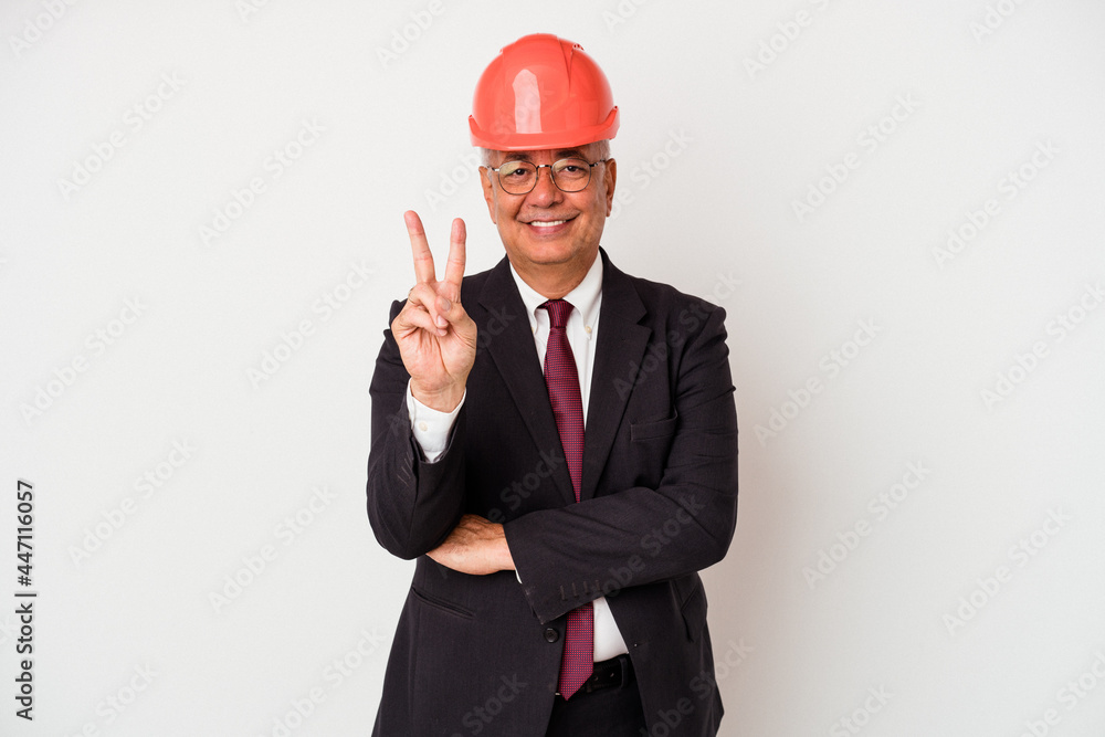Senior american arquitech man isolated on white background showing number two with fingers.