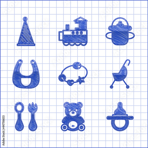 Set Rattle baby toy, Teddy bear plush, Baby dummy pacifier, stroller, cutlery with fork and spoon, bib, bottle and Party hat icon. Vector