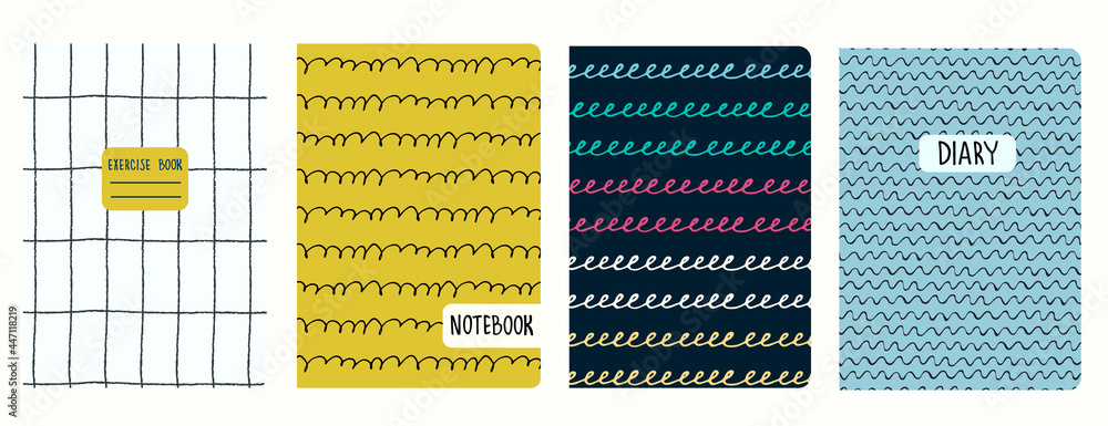 Cover page templates based on seamless patterns with hand drawn gridlines, wavy, spiral lines, cursive writing imitation. Backgrounds for notebooks, notepads, diaries. Headers isolated and replaceable Cover page templates based on seamless patterns with hand drawn gridlines, wavy, spiral lines, cursive writing imitation. Backgrounds for notebooks, notepads, diaries. Headers isolated and replaceable