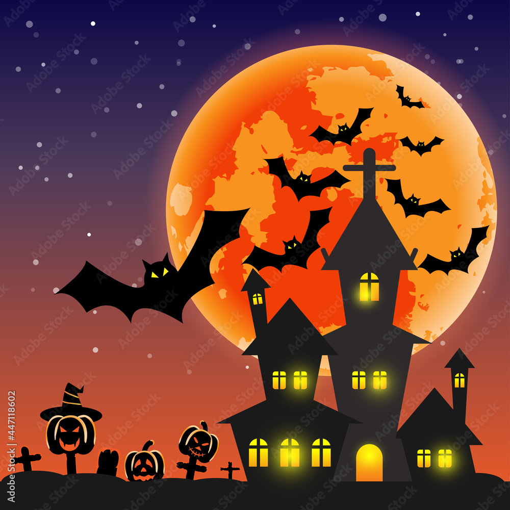 Vector of silhouette cute pumpkin and bats flying in the sky and black castle or chateau in the graveyard on full moon or moonlight background for halloween night day.