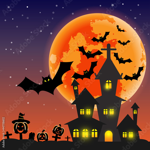 Vector of silhouette cute pumpkin and bats flying in the sky and black castle or chateau in the graveyard on full moon or moonlight background for halloween night day.
