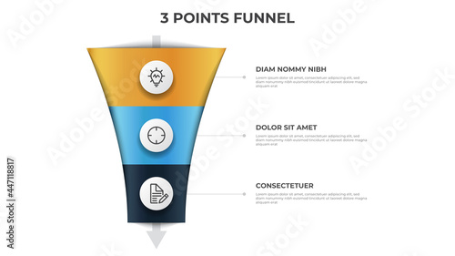 funnel arrow diagram with 3 points, options, list, infographic element template vector, can be used for sales, marketing, process flow