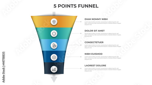 funnel arrow diagram with 5 points, options, list, infographic element template vector, can be used for sales, marketing, process flow