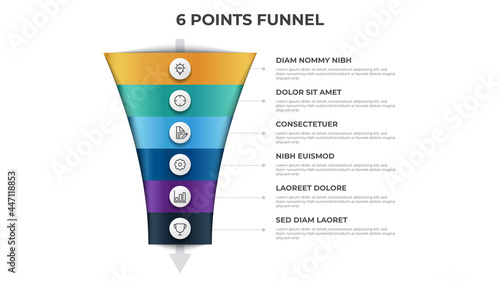 funnel arrow diagram with 6 points, options, list, infographic element template vector, can be used for sales, marketing, process flow