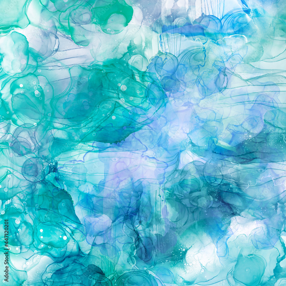 アルコールインクの抽象背景・全面）青と緑　インクアート　水　にじみ　正方形　綺麗　おしゃれ