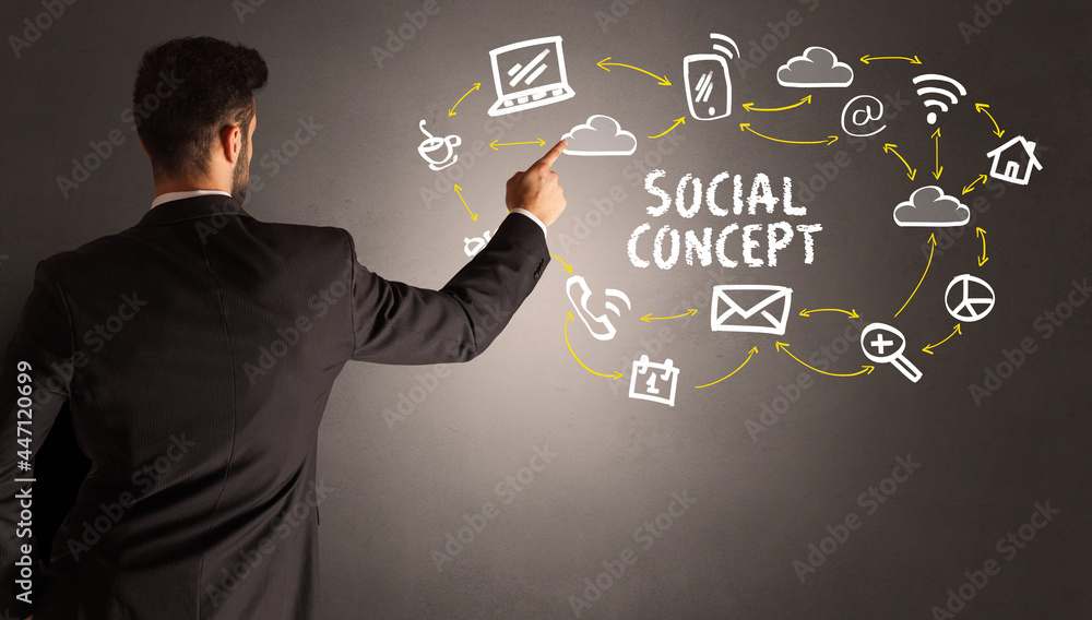 businessman drawing social media icons businessman drawing social media icons