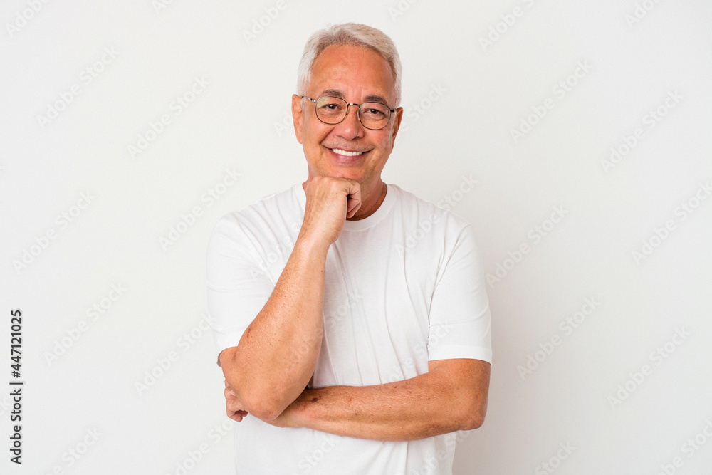 Senior american man isolated on white background smiling happy and confident, touching chin with hand. Senior american man isolated on white background smiling happy and confident, touching chin with hand.