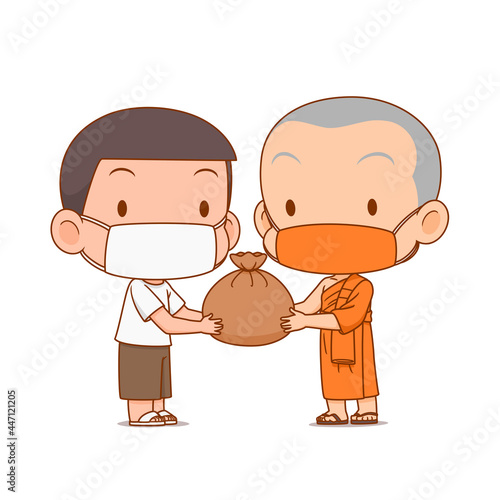 Cartoon illustration of monk giving survival bag to people, they both are wearing mask.