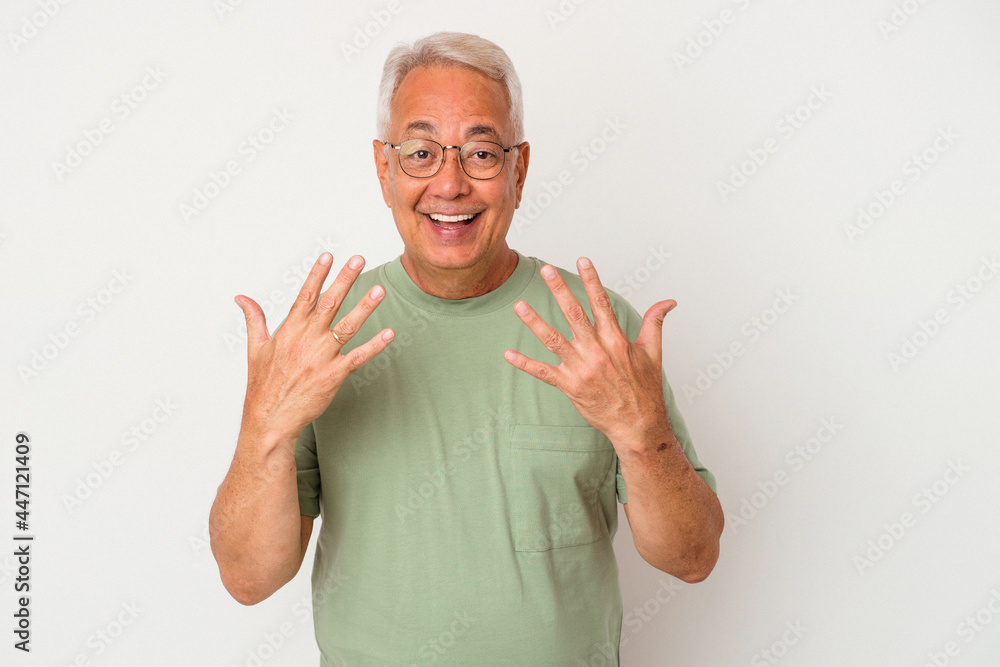 Senior american man isolated on white background showing number ten with hands. Senior american man isolated on white background showing number ten with hands.
