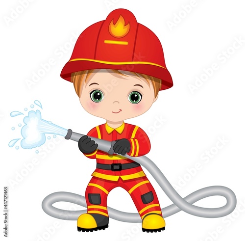 Firefighter Cute Little Boy with Fire Hose