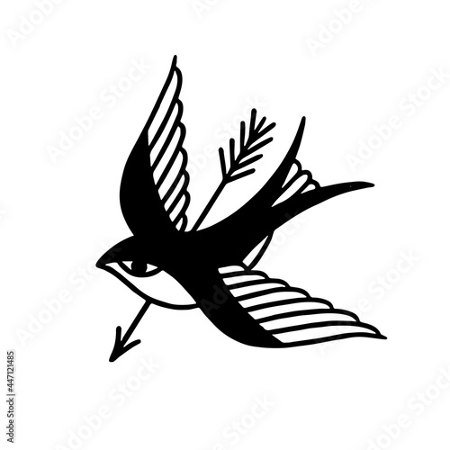 swallow doodle illustration, traditional tattoo, vector line illustration