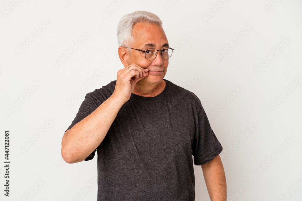 Senior american man isolated on white background with fingers on lips keeping a secret. Senior american man isolated on white background with fingers on lips keeping a secret.
