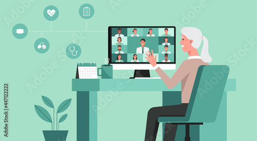 telemedicine, online healthcare and medical consultation support services concept, senior woman using computer video call conferencing to doctor online from home, vector flat illustration