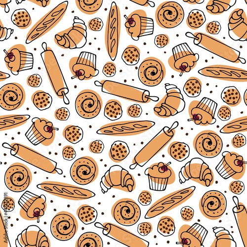Baking seamless pattern. Sketch various pastries for digital paper, textile fabric, wrapping. Desserts Cook, Bake shop pastry frame. Sweet baked food cupcake, bun, loaf, cookies, croissant and roll