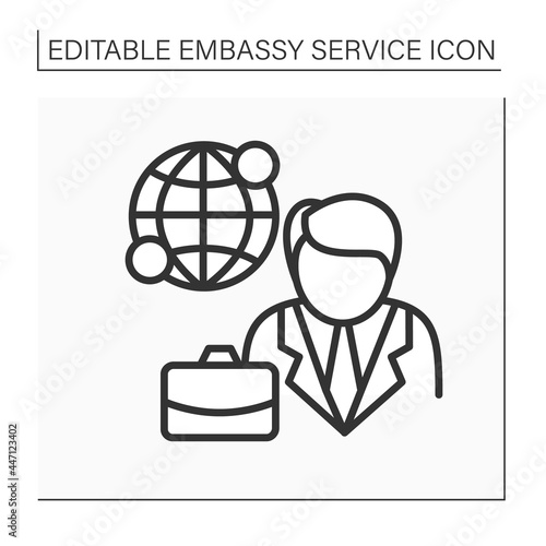 Diplomatic mission line icon. Foreign mission. Representation government located in another state territory. Embassy service concept. Isolated vector illustration. Editable stroke 