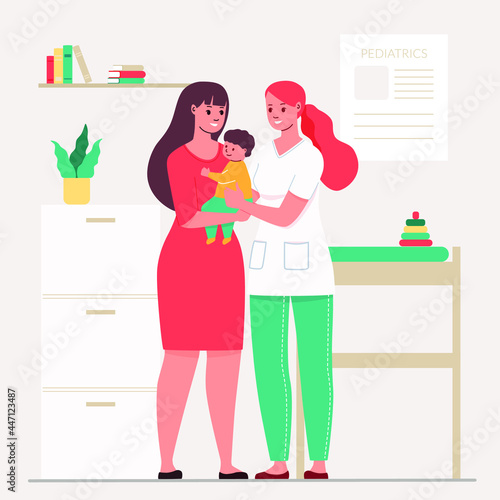 Pediatrics. Child with mother reception pediatrician. Baby examination. Vector flat illustration