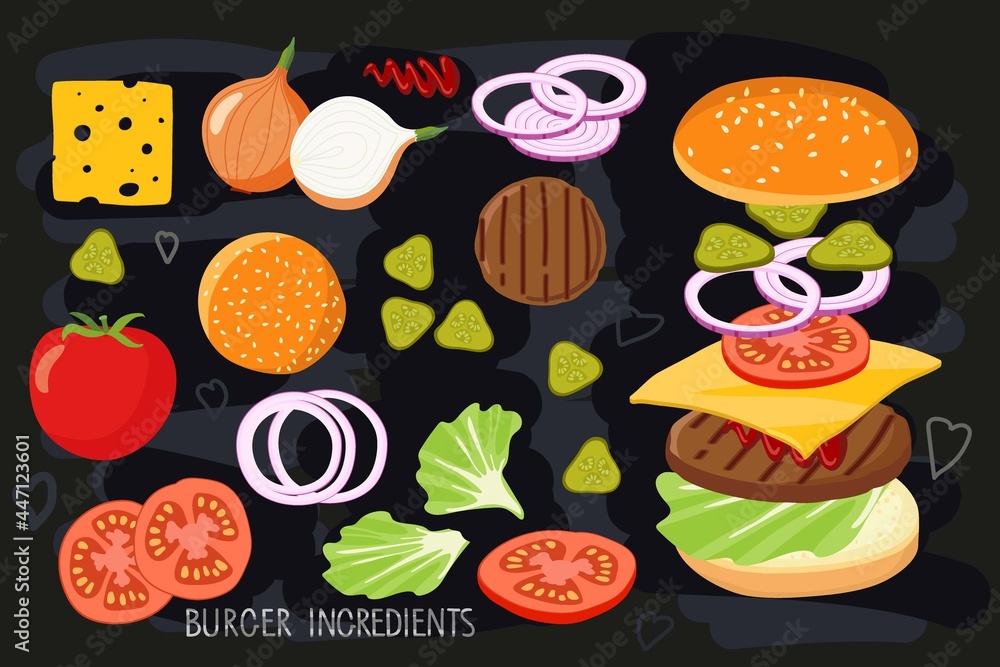 Burger ingredient set isolated on black chalk board. Hamburger Creation Product Kit. Chopped vegetables, bun, cutlet, sauce. Flat design for menu cafe, restaurant, poster. Burger or toast ingredient Burger ingredient set isolated on black chalk board. Hamburger Creation Product Kit. Chopped vegetables, bun, cutlet, sauce. Flat design for menu cafe, restaurant, poster. Burger or toast ingredient