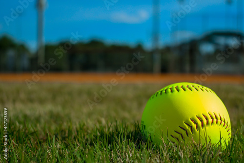 Close-up of softball in the outfield grass of a softball or baseball field. Empty field used for sports teams.
