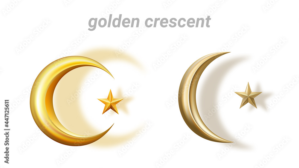 Fototapeta Realistic images of golden crescents with stars of different shapes and colors