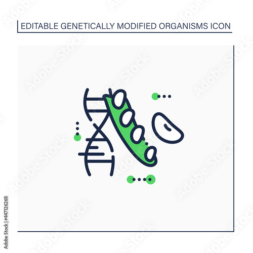 Soybean line icon. Changing beans DNA molecule. GMO soybean. Editing gene. Microbiology. Genetically modified organism concept. Isolated vector illustration.Editable stroke