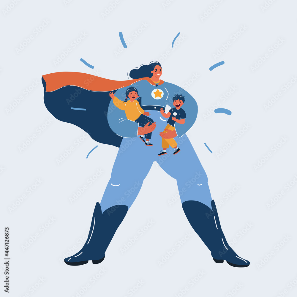 Obraz premium Vector illustration of Son and Daughter hanging on Super Hero Mom strong arms. Super nanny concept