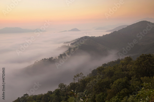 Beautiful sunshine at misty morning mountains,Foggy Landscape. Early Morning Mist