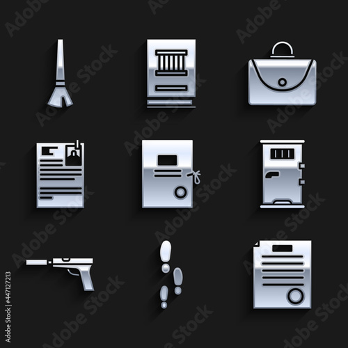 Set Lawsuit paper, Footsteps, The arrest warrant, Prison cell door, Pistol gun with silencer, Briefcase and Paint brush icon. Vector