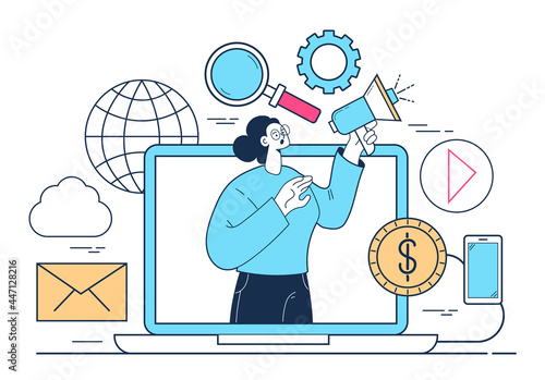 Loudspeaker promoter internet online marketing concept. Vector flat graphic design illustration
