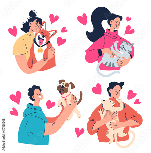 People man woman owners hugging their dog cat pets. Vector flat graphic design illustration