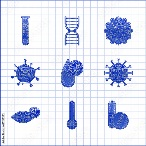 Set Blood test and virus, Medical thermometer, Medicine pill or tablet, Virus, Reddish eye due to, and icon. Vector