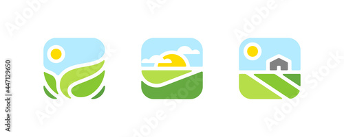 Farm logo mark template or icon of rural landscape with sun and field. Set of modern geometric emblems or badges for natural agriculture, organic food industry or harvesting campaign