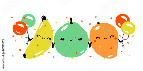 Kawaii characters of banana, guava and mango celebrating joyful holiday. Cute fruits with multicolored balloons. Vector illustration for greeting card or poster