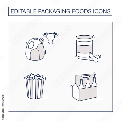 Packing foods line icons set. Beer, cow milk, popcorn, peanut butter jar. Protection, tampering resistance from bacteria. Meal concept. Isolated vector illustrations. Editable stroke