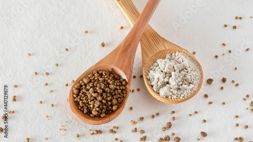 Close-up of semolina and millet flour photo