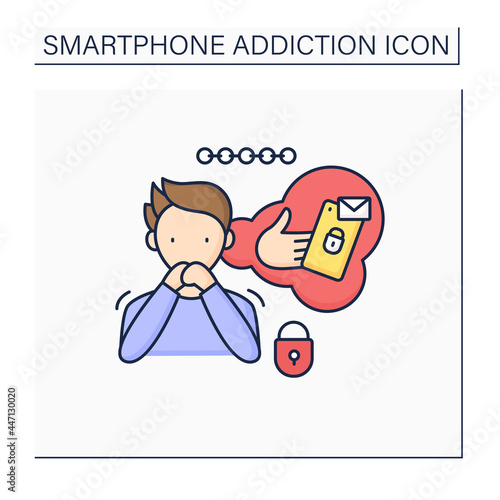 Nomophobia color icon.No mobile phobia. Fear of being detached from mobile phone. Anxiety through cellular service absence. Smartphone addiction concept. Isolated vector illustration