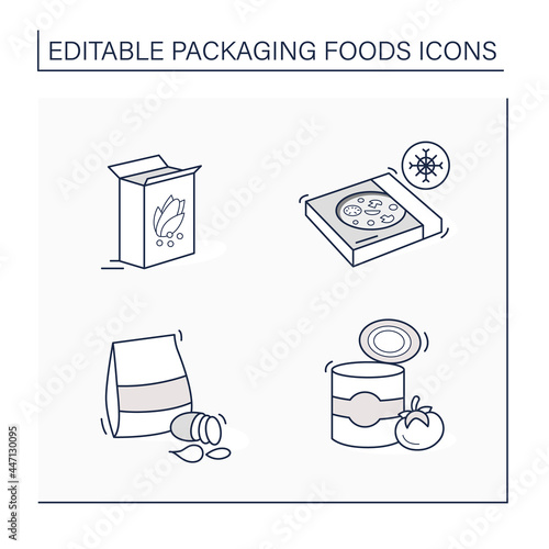 Packing foods line icons set. Breakfast cereals, frozen pizza, potatoes chips, tomato soup. Protection, tampering resistance from bacteria. Meal concept. Isolated vector illustrations. Editable stroke