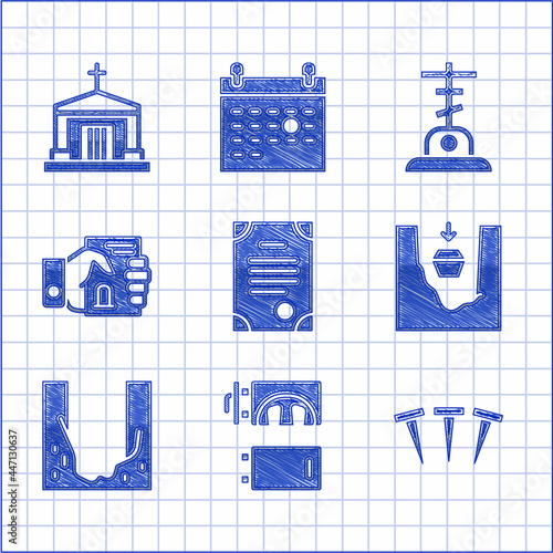 Set Death certificate, Crematorium, Metallic nails, Coffin in grave, Cemetery digged hole, hand, Grave with cross and Old crypt icon. Vector