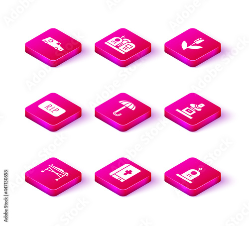 Set Dead body in the morgue, Holy bible book, Speech bubble rip death, Umbrella, Grave with tombstone, Flower rose and icon. Vector