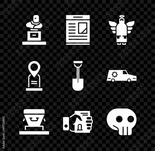 Set Grave with tombstone, Obituaries, Christmas angel, Coffin, Death certificate hand, Skull, Location grave and Shovel icon. Vector