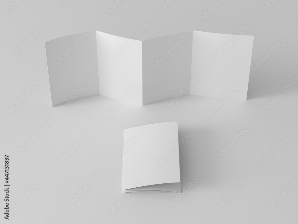 Vertical page zigzag or accordion fold brochure. Four panels, eight pages blank leaflet. Mock up on white background for presentation design. Unfolded and folded. Vertical page zigzag or accordion fold brochure. Four panels, eight pages blank leaflet. Mock up on white background for presentation design. Unfolded and folded.