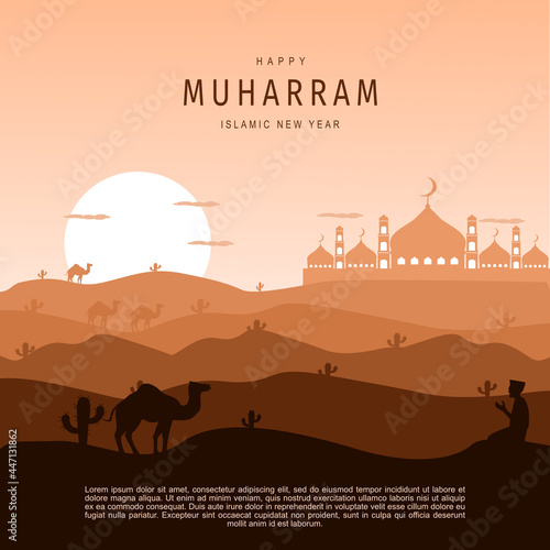 Vector Ilustration Islamic new year silhouette of a mosque in desert with cactus tree and camel