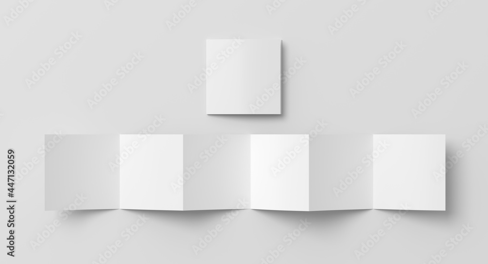 Square page zigzag or accordion fold brochure. Six panels, twelve pages blank leaflet. Mock up on white background for presentation design. Unfolded and folded. Square page zigzag or accordion fold brochure. Six panels, twelve pages blank leaflet. Mock up on white background for presentation design. Unfolded and folded.