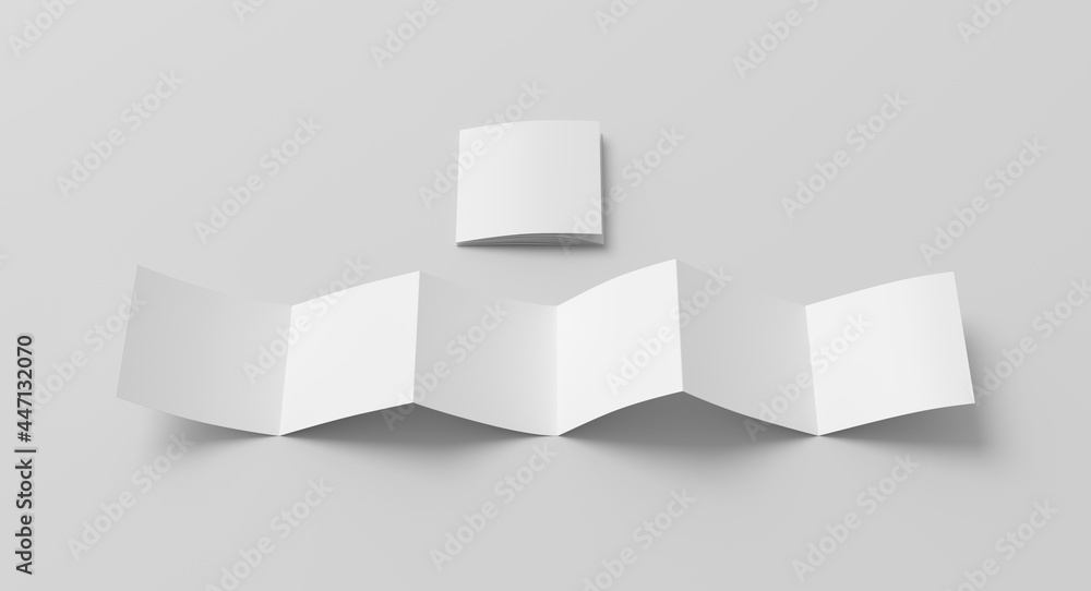 Square page zigzag or accordion fold brochure. Six panels, twelve pages blank leaflet. Mock up on white background for presentation design. Unfolded and folded. Square page zigzag or accordion fold brochure. Six panels, twelve pages blank leaflet. Mock up on white background for presentation design. Unfolded and folded.