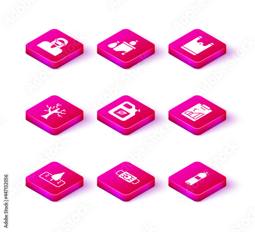 Set Deforestation, Medical protective mask, Withered tree, Bio fuel canister, Bottle of water, Global warming, Plastic bag and Full dustbin icon. Vector